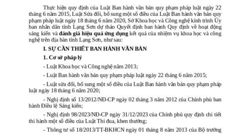 Dự thảo Quyết định của Ủy ban nhân dân tỉnh ban hành Quy định về hoạt động sáng kiến và đánh giá hiệu quả ứng dụng kết quả của nhiệm vụ khoa học và công nghệ trên địa bàn tỉnh Lạng Sơn